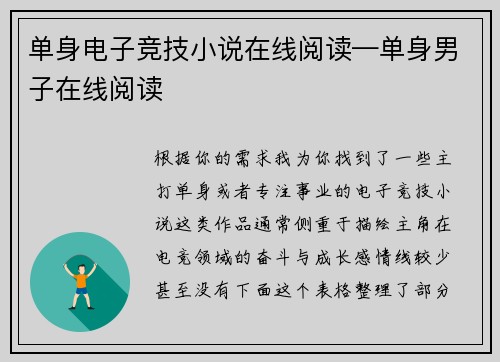 单身电子竞技小说在线阅读—单身男子在线阅读